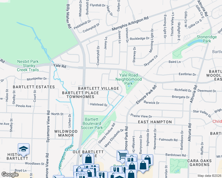 map of restaurants, bars, coffee shops, grocery stores, and more near 6120 Ainsworth Street in Bartlett