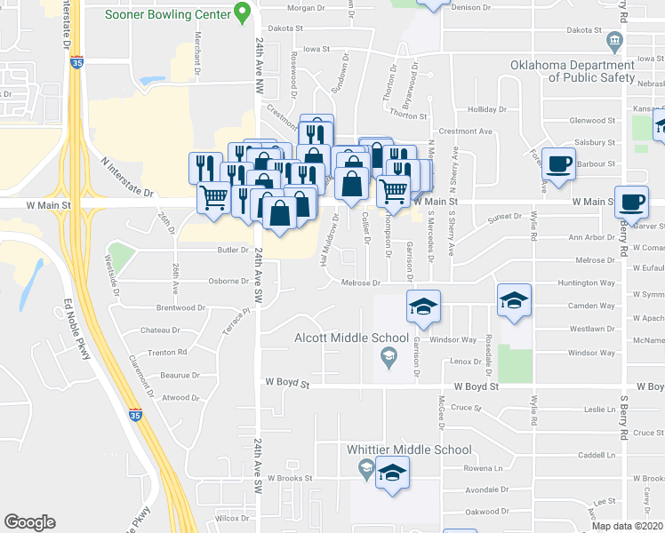 map of restaurants, bars, coffee shops, grocery stores, and more near 311 Hal Muldrow Drive in Norman