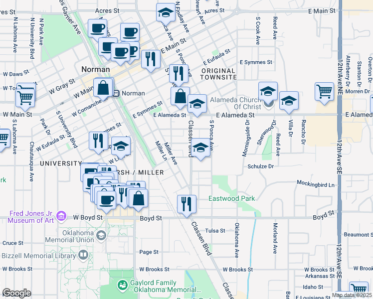 map of restaurants, bars, coffee shops, grocery stores, and more near 321 East Duffy Street in Norman