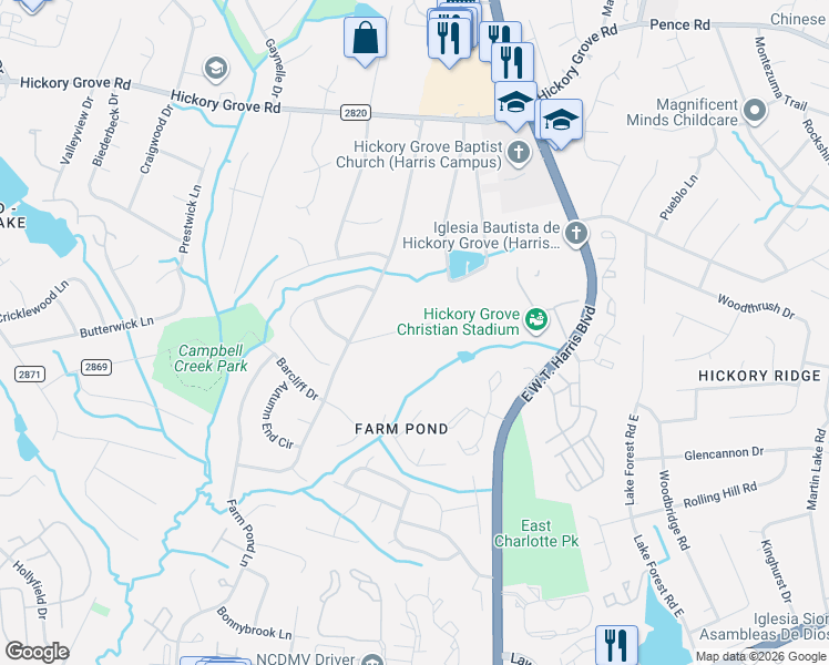 map of restaurants, bars, coffee shops, grocery stores, and more near 6014 Johnnette Drive in Charlotte