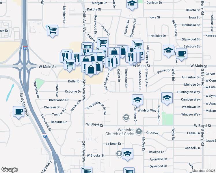 map of restaurants, bars, coffee shops, grocery stores, and more near 313 Hal Muldrow Drive in Norman