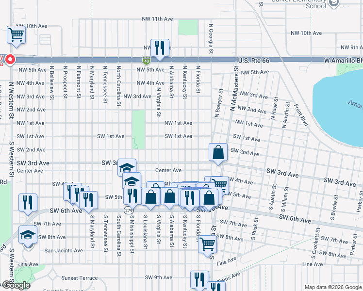 map of restaurants, bars, coffee shops, grocery stores, and more near 203 South Alabama Street in Amarillo