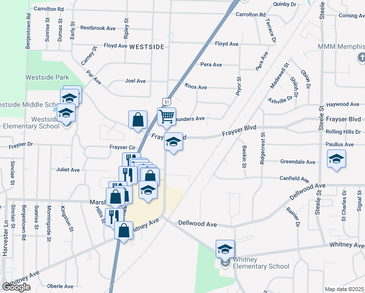 map of restaurants, bars, coffee shops, grocery stores, and more near 1099 Frayser Boulevard in Memphis