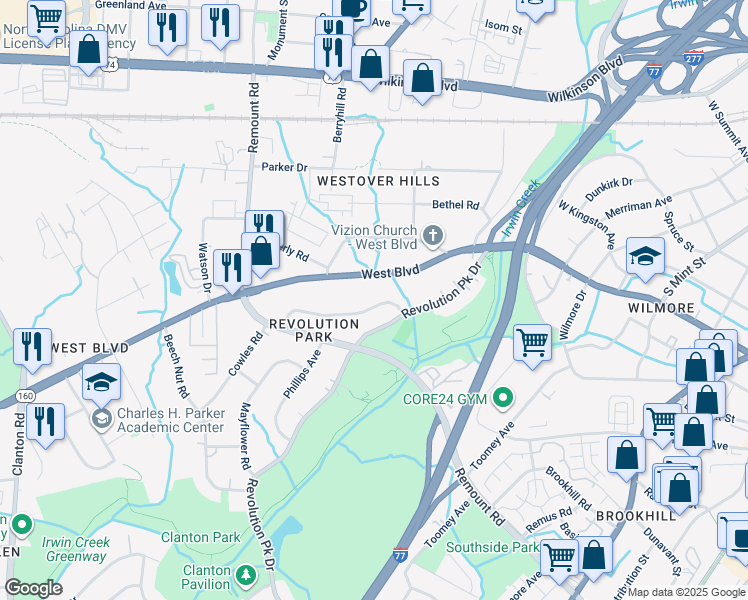 map of restaurants, bars, coffee shops, grocery stores, and more near 2541 Brentwood Place in Charlotte