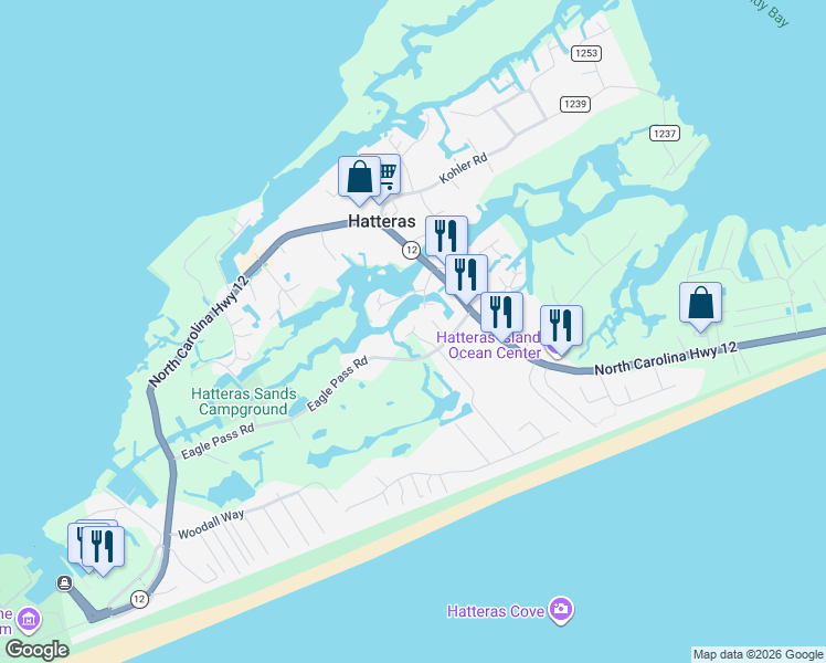 map of restaurants, bars, coffee shops, grocery stores, and more near 57221 Ss America Lane in Hatteras