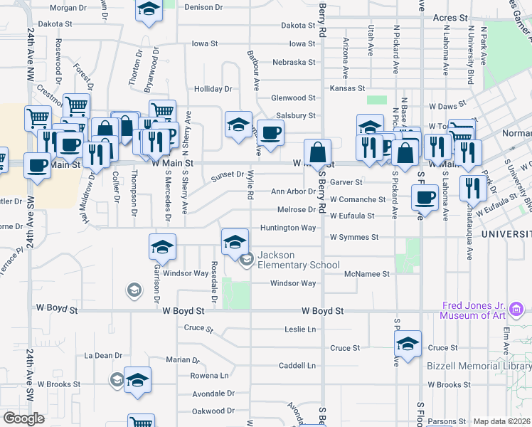 map of restaurants, bars, coffee shops, grocery stores, and more near 1409 Huntington Way in Norman