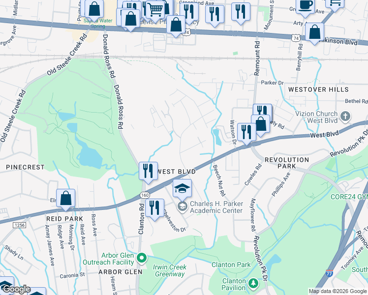 map of restaurants, bars, coffee shops, grocery stores, and more near in Charlotte