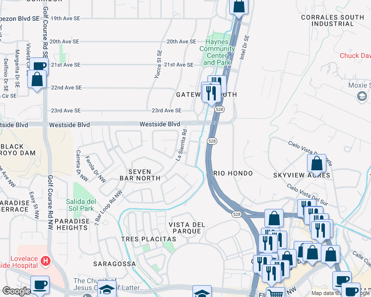 map of restaurants, bars, coffee shops, grocery stores, and more near 11005 Montecillo Drive Northwest in Albuquerque