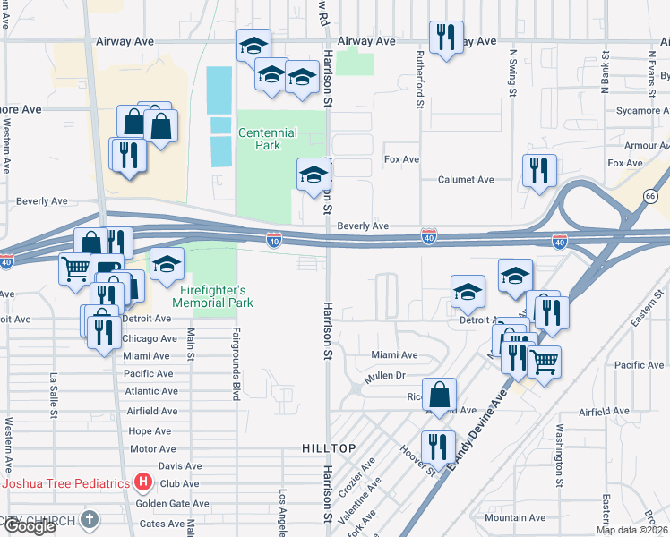 map of restaurants, bars, coffee shops, grocery stores, and more near 3150 Harrison Street in Kingman