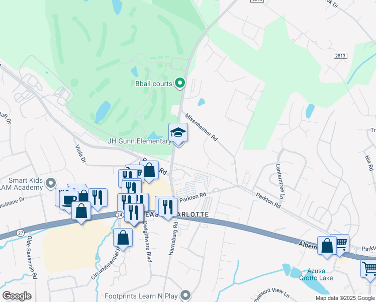 map of restaurants, bars, coffee shops, grocery stores, and more near 7400 Harrisburg Road in Charlotte