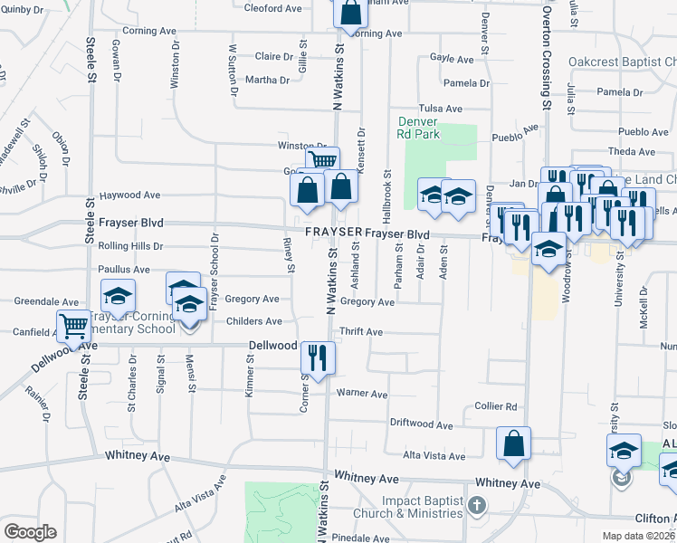map of restaurants, bars, coffee shops, grocery stores, and more near 3292 North Watkins Street in Memphis