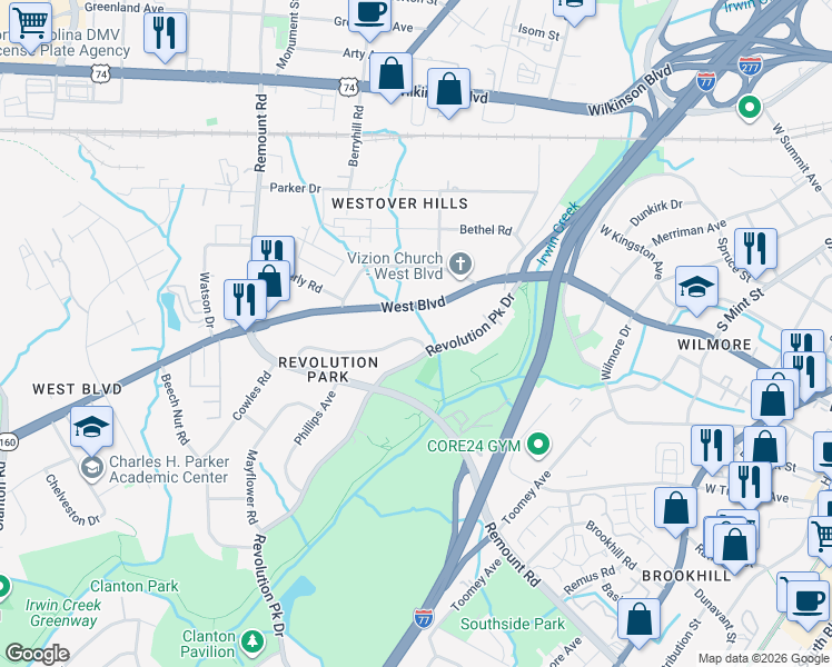 map of restaurants, bars, coffee shops, grocery stores, and more near 2500 Barringer Drive in Charlotte