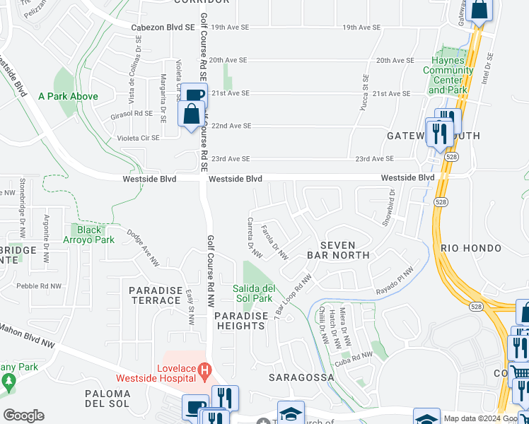map of restaurants, bars, coffee shops, grocery stores, and more near 4404 Noche Clara Avenue Northwest in Albuquerque