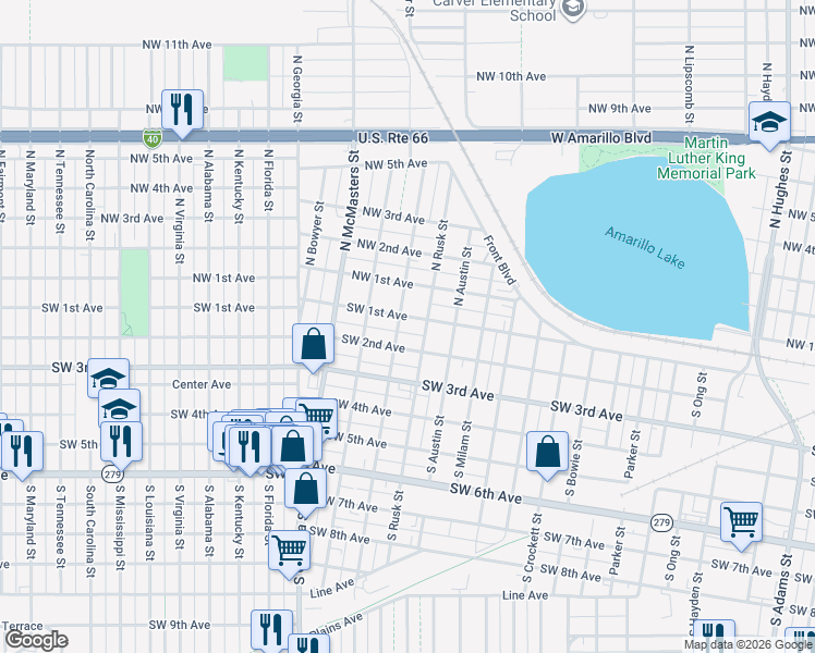 map of restaurants, bars, coffee shops, grocery stores, and more near 2302 Southwest 2nd Avenue in Amarillo