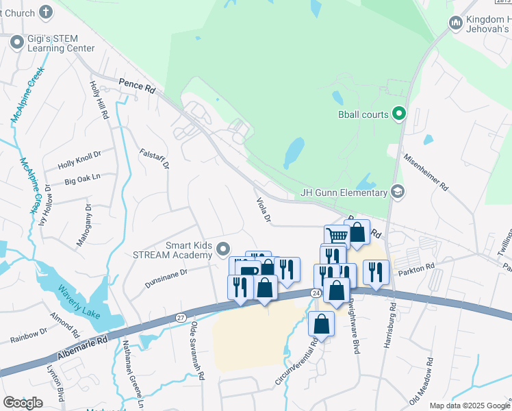 map of restaurants, bars, coffee shops, grocery stores, and more near 8408 Viola Drive in Charlotte