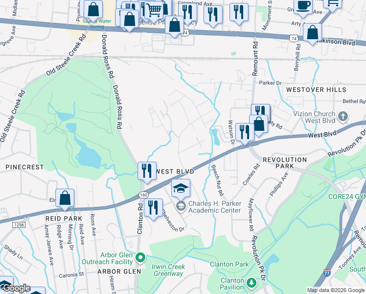 map of restaurants, bars, coffee shops, grocery stores, and more near in Charlotte
