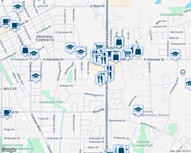 map of restaurants, bars, coffee shops, grocery stores, and more near 629 Tollie Drive in Norman