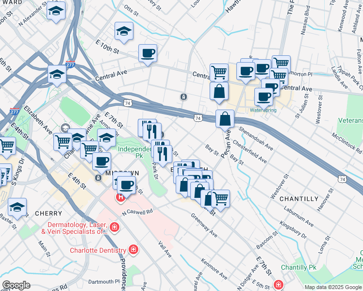 map of restaurants, bars, coffee shops, grocery stores, and more near in Charlotte