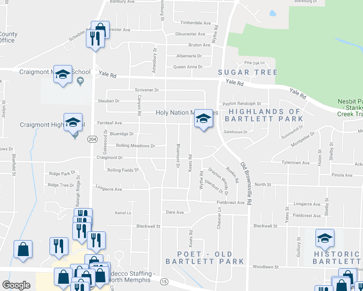 map of restaurants, bars, coffee shops, grocery stores, and more near 3308 Bluemont Drive in Memphis