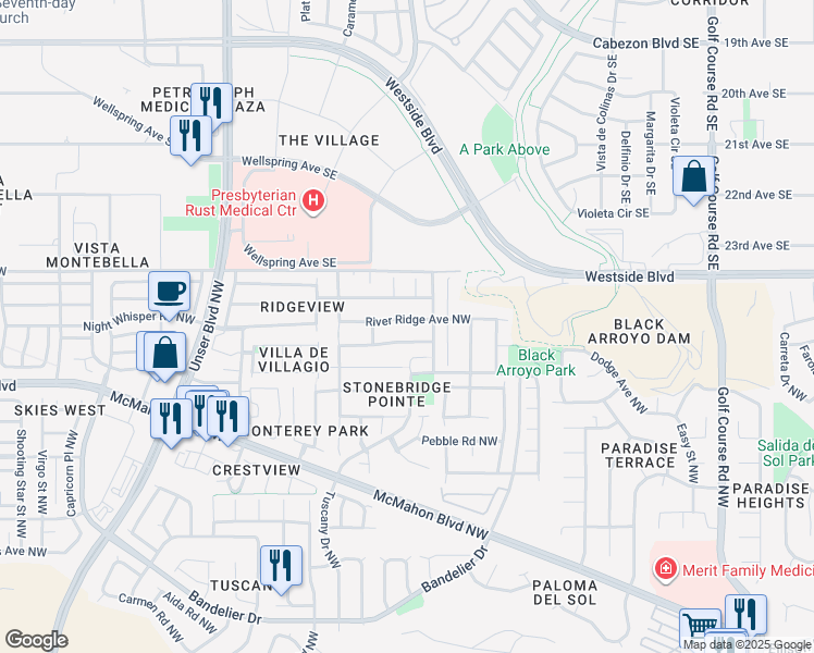 map of restaurants, bars, coffee shops, grocery stores, and more near 5220 River Ridge Avenue Northwest in Albuquerque