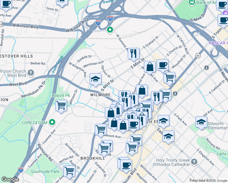 map of restaurants, bars, coffee shops, grocery stores, and more near 1714 Wickford Place in Charlotte