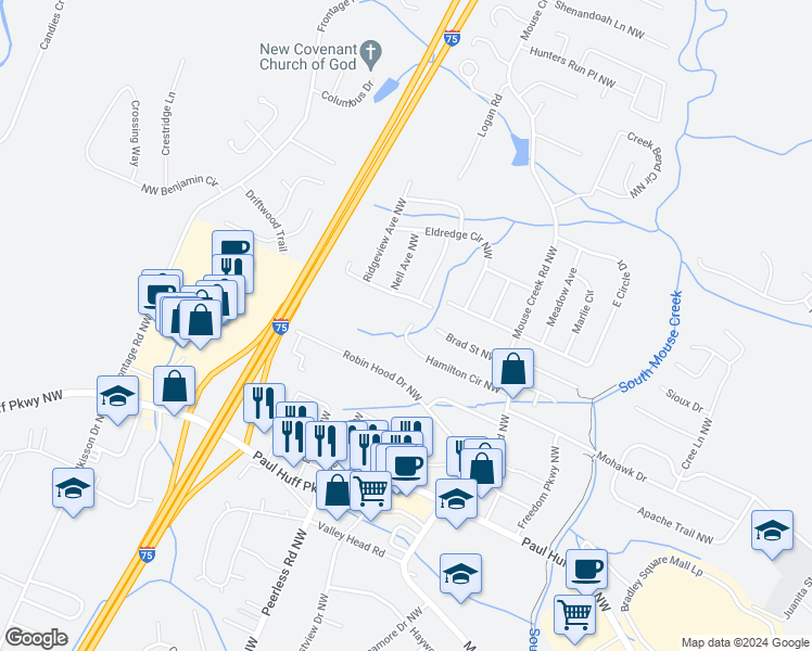 map of restaurants, bars, coffee shops, grocery stores, and more near 1153 Hamilton Circle Northwest in Cleveland