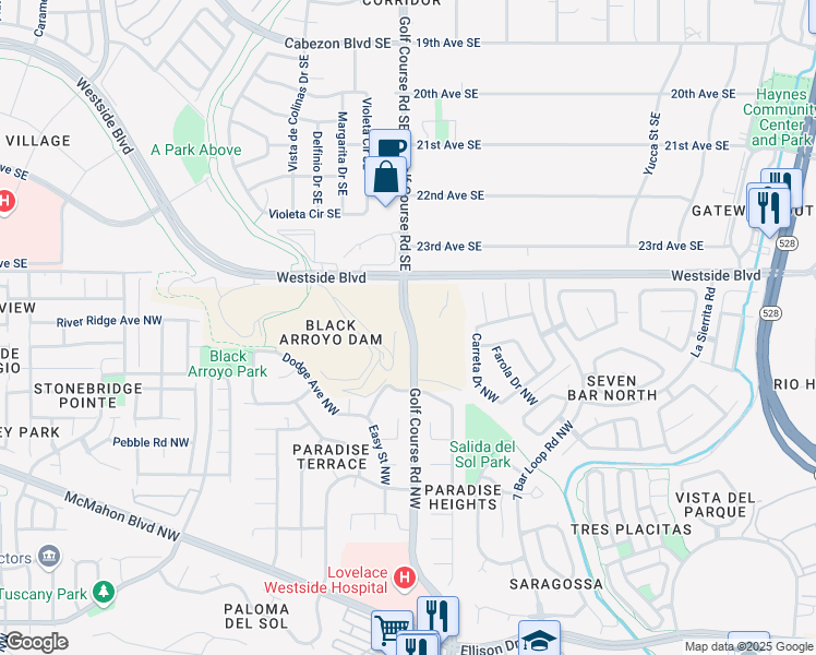 map of restaurants, bars, coffee shops, grocery stores, and more near 10800 Golf Course Road Northwest in Albuquerque