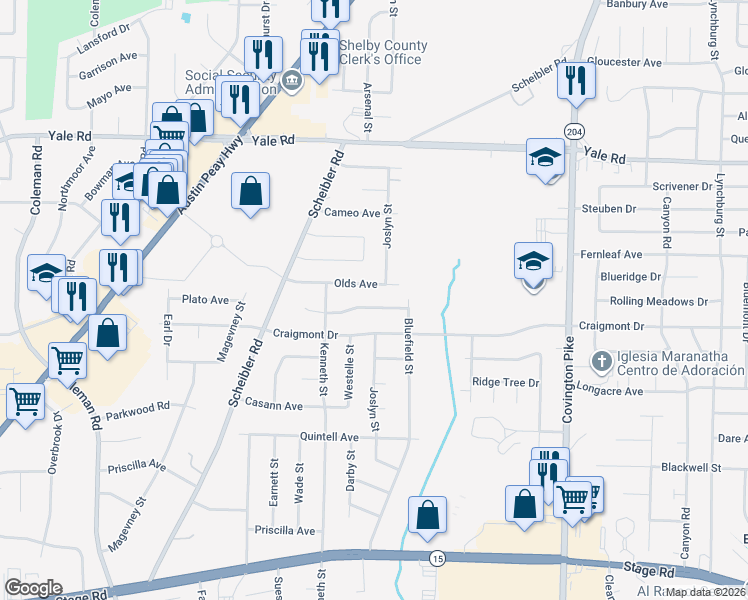 map of restaurants, bars, coffee shops, grocery stores, and more near 4814 Rolling Meadows Drive in Memphis
