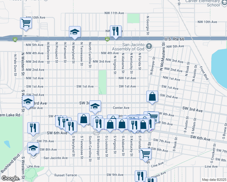 map of restaurants, bars, coffee shops, grocery stores, and more near 201 South Virginia Street in Amarillo