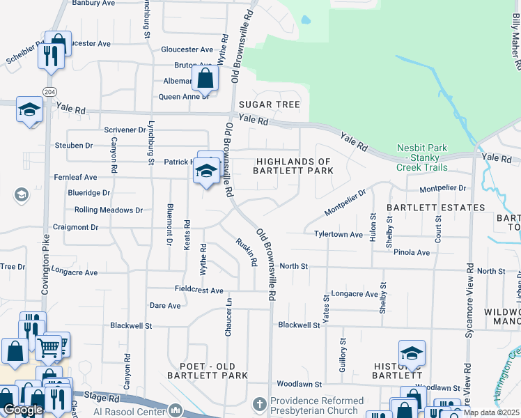 map of restaurants, bars, coffee shops, grocery stores, and more near 3288 Old Brownsville Road in Bartlett
