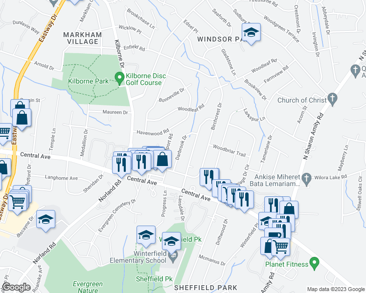 map of restaurants, bars, coffee shops, grocery stores, and more near 1808 Darbrook Drive in Charlotte