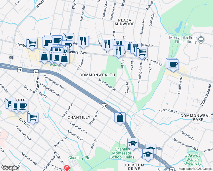 map of restaurants, bars, coffee shops, grocery stores, and more near 2421 Commonwealth Avenue in Charlotte