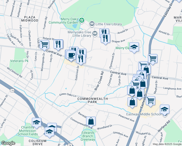 map of restaurants, bars, coffee shops, grocery stores, and more near 3164 Central Avenue in Charlotte