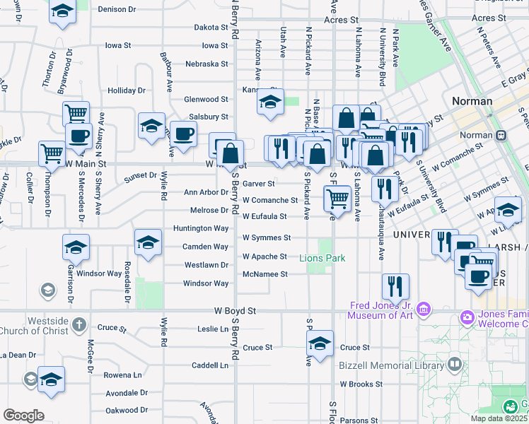 map of restaurants, bars, coffee shops, grocery stores, and more near 1005 West Eufaula Street in Norman