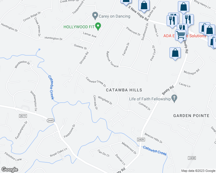 map of restaurants, bars, coffee shops, grocery stores, and more near 3772 Catawba Creek Drive in Gastonia