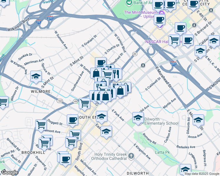 map of restaurants, bars, coffee shops, grocery stores, and more near 1515 Camden Road in Charlotte