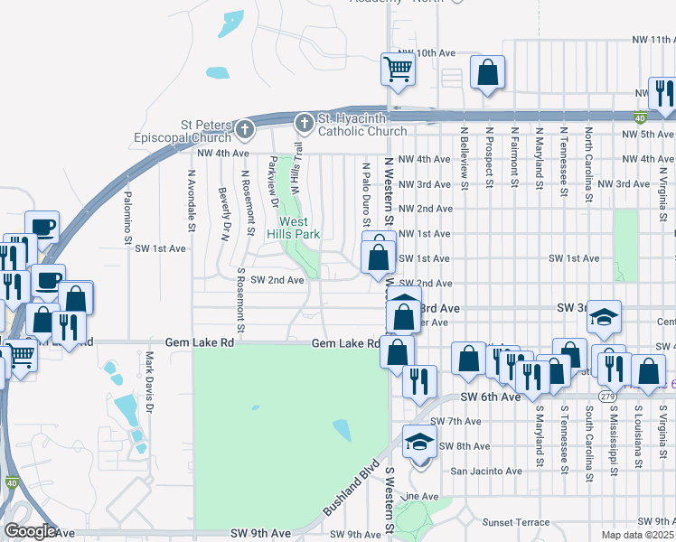 map of restaurants, bars, coffee shops, grocery stores, and more near 4221 Southwest 2nd Avenue in Amarillo