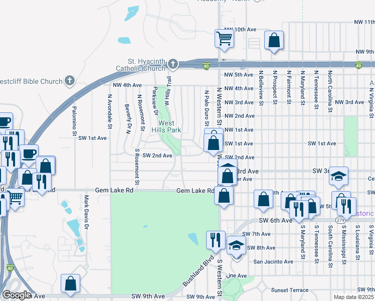 map of restaurants, bars, coffee shops, grocery stores, and more near 100 West Hills Boulevard East in Amarillo