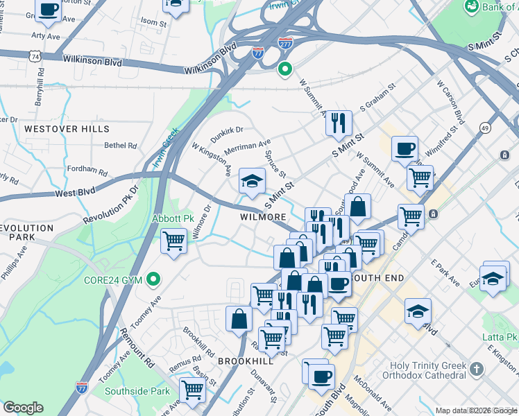 map of restaurants, bars, coffee shops, grocery stores, and more near in Charlotte