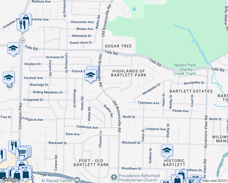map of restaurants, bars, coffee shops, grocery stores, and more near 3288 Old Brownsville Road in Bartlett