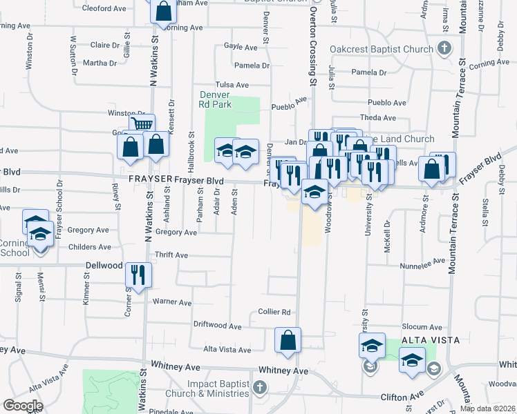 map of restaurants, bars, coffee shops, grocery stores, and more near 3294 Frayser View Drive in Memphis