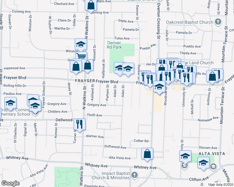 map of restaurants, bars, coffee shops, grocery stores, and more near 3293 Aden Street in Memphis