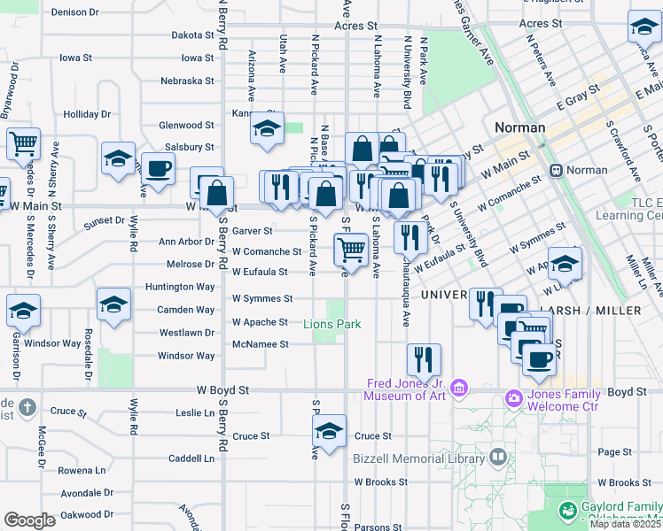 map of restaurants, bars, coffee shops, grocery stores, and more near 308 South Flood Avenue in Norman