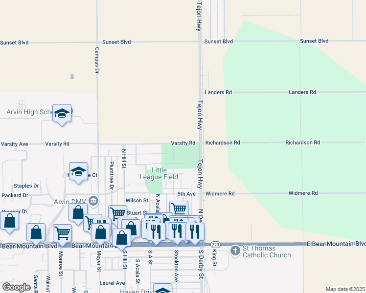 map of restaurants, bars, coffee shops, grocery stores, and more near 473 Tejon Road in Arvin