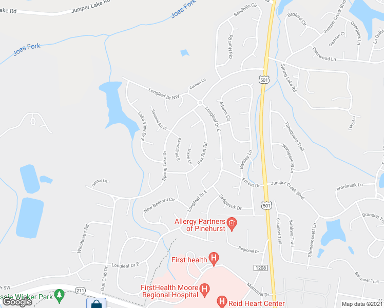map of restaurants, bars, coffee shops, grocery stores, and more near 40 Vixen Lane in Pinehurst
