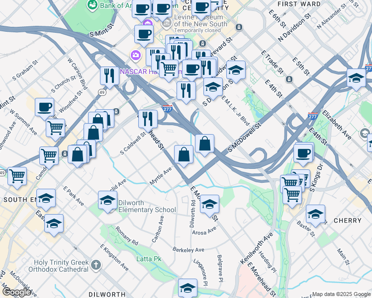 map of restaurants, bars, coffee shops, grocery stores, and more near 727 East Morehead Street in Charlotte