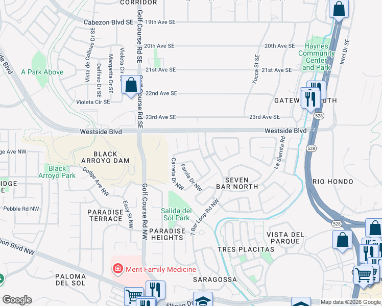 map of restaurants, bars, coffee shops, grocery stores, and more near 4308 Noche Clara Avenue Northwest in Albuquerque