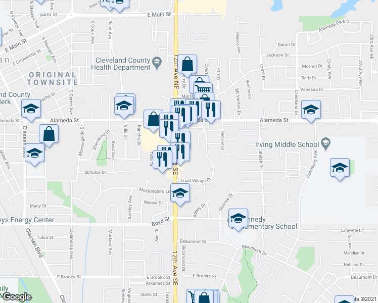 map of restaurants, bars, coffee shops, grocery stores, and more near 275 12th Avenue Southeast in Norman