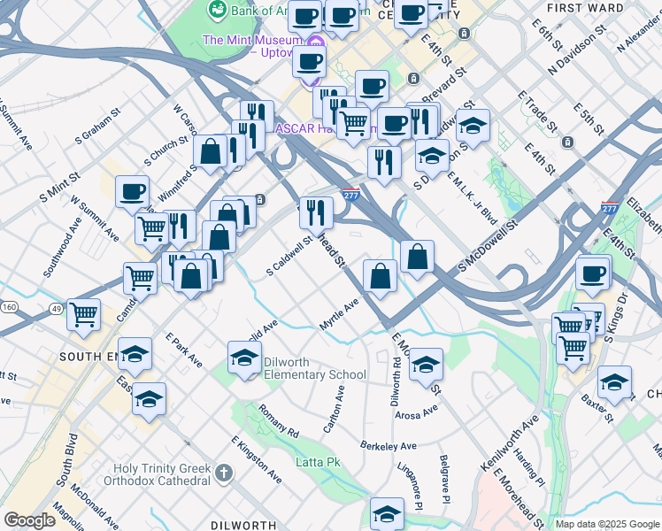 map of restaurants, bars, coffee shops, grocery stores, and more near in Charlotte
