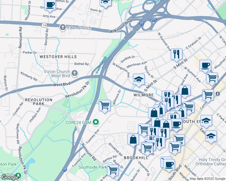 map of restaurants, bars, coffee shops, grocery stores, and more near 1931 Wilmore Drive in Charlotte